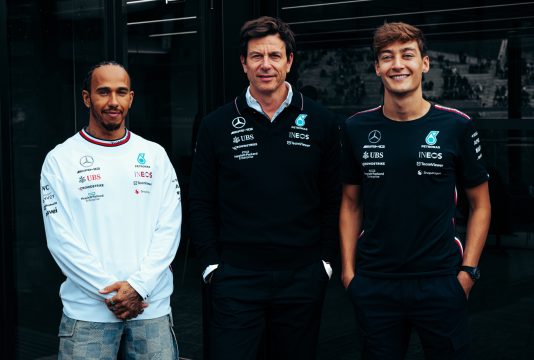 Team Principal CEO Toto Wolff with drivers Lewis Hamilton George Russell